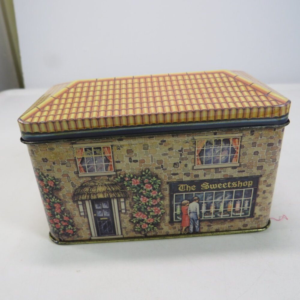 Vintage English Sweetshop Metal Tin Cottage w Roses Daher